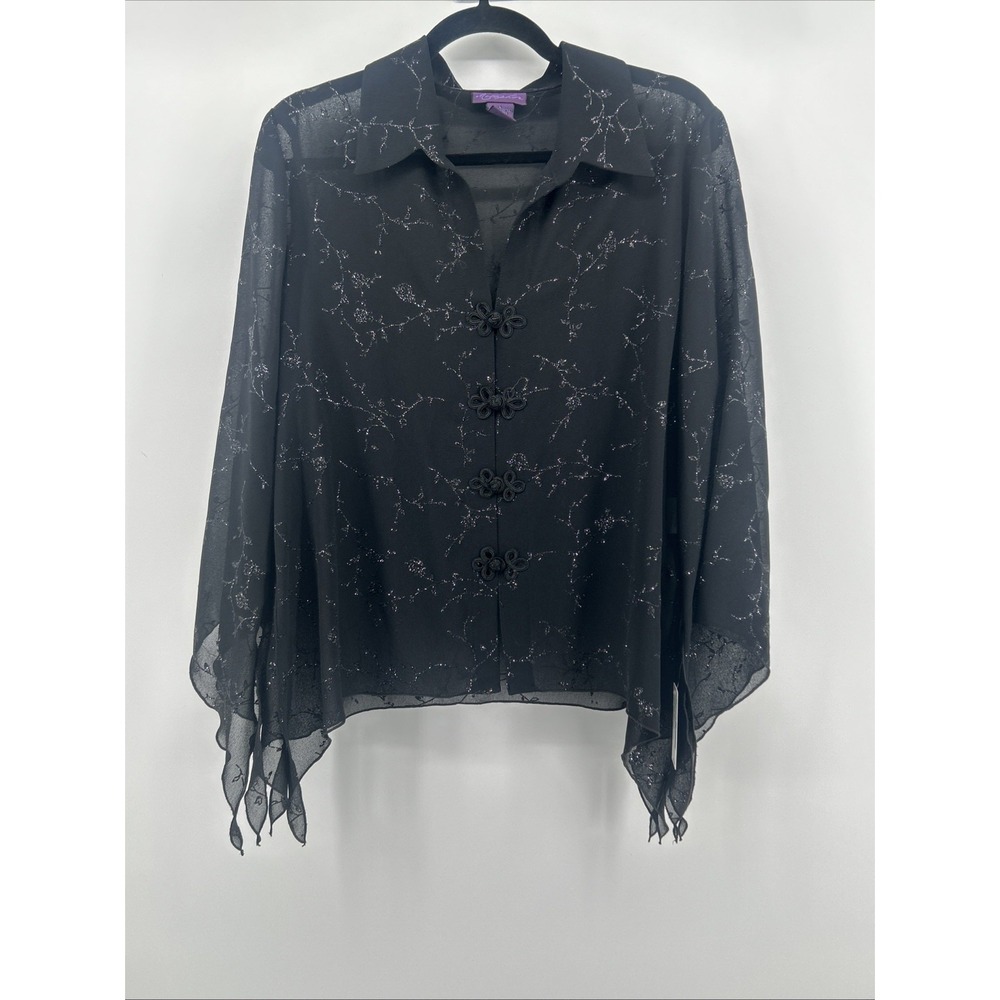 NWT Metaphor Whimsigoth Sheer Black Blouse Frog Closures Glitter Floral Large L